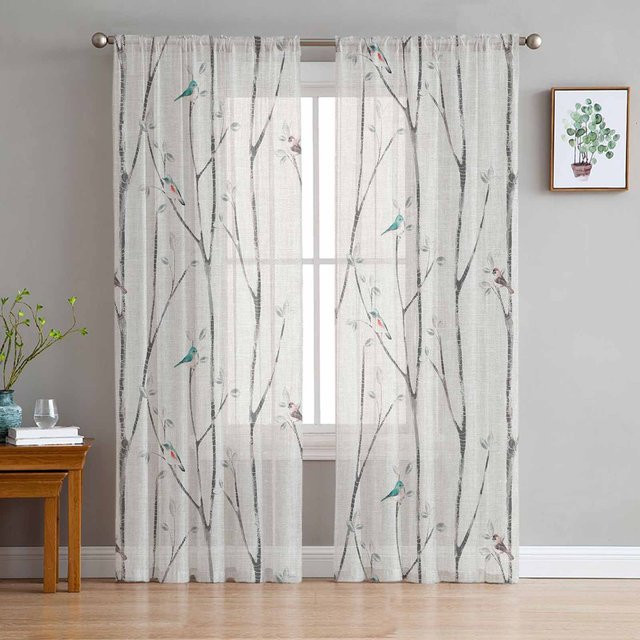 Super Six Chiffon Fenstervorhänge mit floralem Vogelblatt-Design in Weiß, B: 135 cm, H: 114 cm - Bild 1