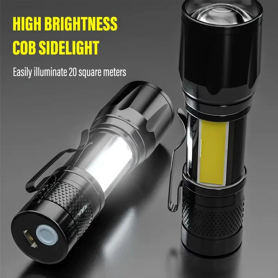 Mini LED Taschenlampe mit COB und XPE, tragbare taktische Taschenlampe mit Zoom und Stift-Clip, Schwarz - Bild 4