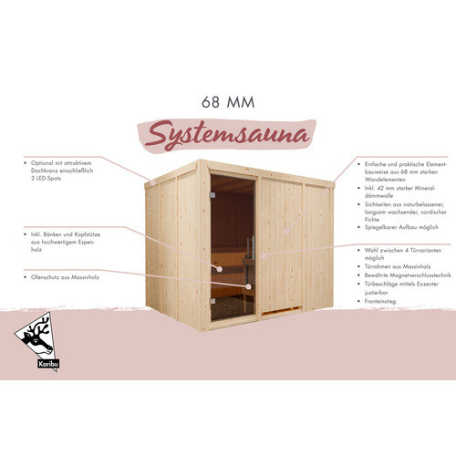 Karibu Sauna Jöhvi aus Fichtenholz in Beige mit 9 kW Saunaofen und integrierter Steuerung für 4 Personen, B/T/H: 231 x 198 x 196 cm - Bild 1