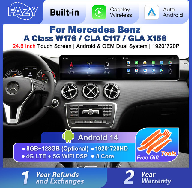 FAZY Dual-Touchscreen Autoradio mit CarPlay und Android Auto für Mercedes Benz A CLA GLA W176 C117 X156 W463, 24,6 Zoll, Schwarz, mit Wi-Fi und GPS Navigation - Bild 1