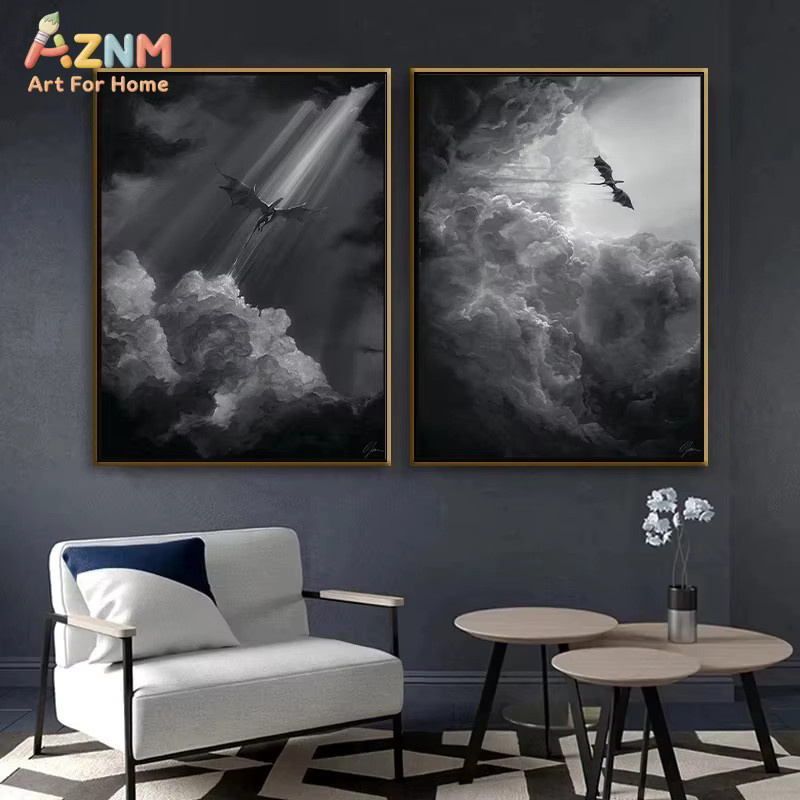 AZNM Kayou Fantasy-Drachen Wandkunst als rahmenlose Leinwand in Schwarz-Weiß mit mittelalterlicher Burg und dunklen Wolken - Bild 2