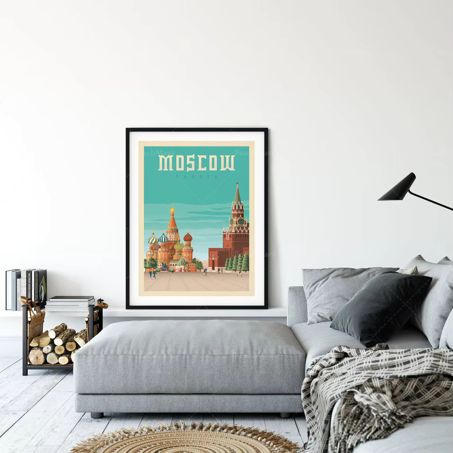 Vintage Reiseposter Moskau Russland mit Basilikum-Kathedrale als Wandkunst von ReachMani in Rot und Multicolour - Bild 2