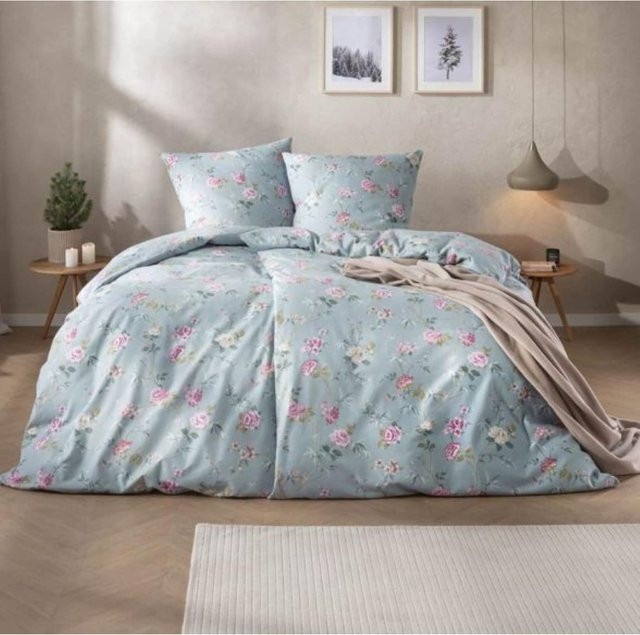 Estella Bettwäsche Corvara Flanell mit floralem Design in Blau - Bild 1
