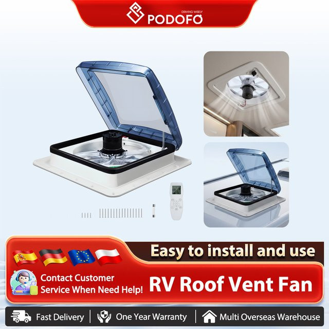 Podofo RV-Dachventilator mit intelligentem Regensensor und LCD-Fernbedienung in Weiß für Wohnmobile und Reiseanhänger - Bild 1