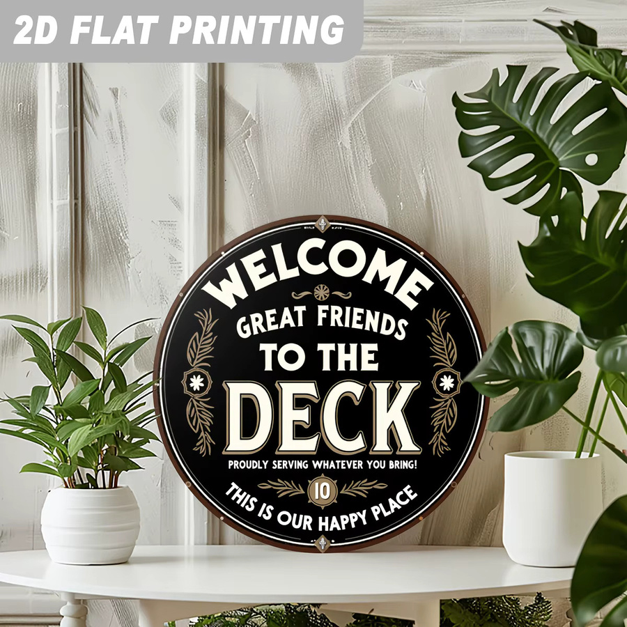 Potdemiel Vintage Willkommensschild Welcome Great Friends to Our Deck aus Aluminium-Metall in Schwarz und Gold, Durchmesser: 20 cm - Bild 2