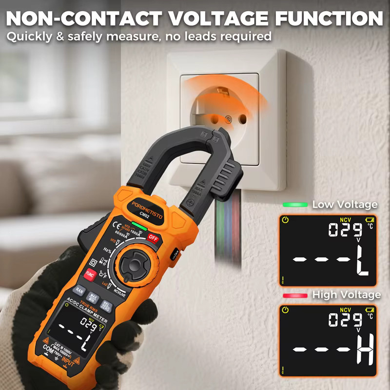 POROMETISTO Digitales Zangenmessgerät CM02 in Orange mit True RMS, 6000 Zählungen, 1000 A AC/DC, Kapazität, Temperatur, NCV, Ohm und Hz-Tester - Bild 6