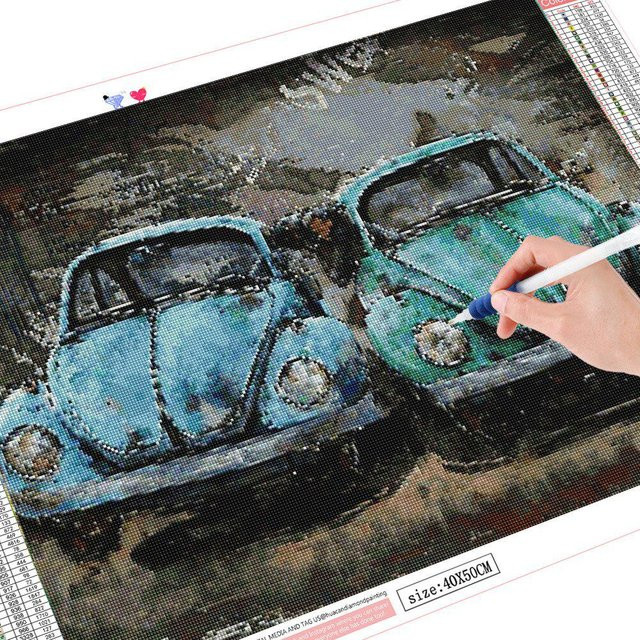 FIYO Diamantmosaik-Malerei Landschaft mit Auto als Strass-Diamant-Stickerei in Blau, B/H: 50 x 70 cm - Bild 1
