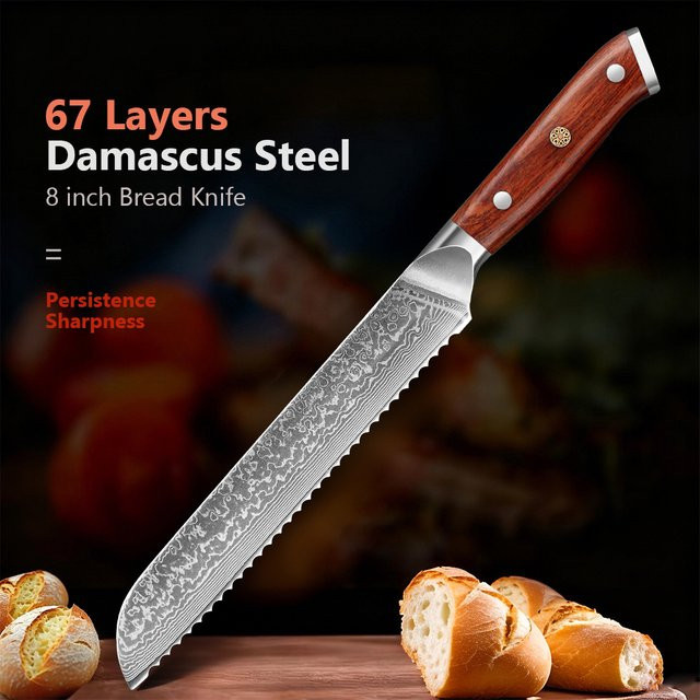 Baovim Brotmesser aus Damaststahl mit Palisandergriff, 20,32 cm, Silber - Bild 1