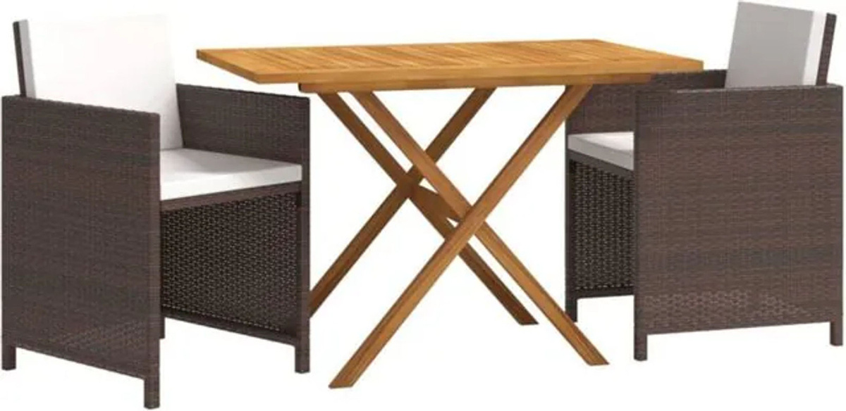 3-teilige Garten-Essgruppe vidaxl in Braun mit Kissen aus Holz und Rattan im rustikalen Design - Bild 1