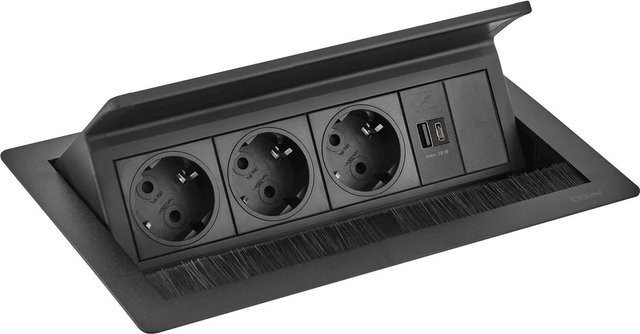 EVOline Flip Top Push M Einbausteckdose Schwarz mit 3-fach Steckdose, USB-A und USB-C - Bild 1