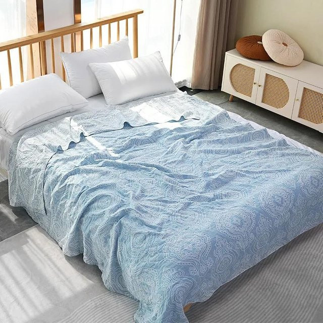 Boho Dreilagige Baumwoll-Gaze Decke in Blau, Geometrisches Design, Steppdecke für Erwachsene, B/B: 200 x 230 cm - Bild 1