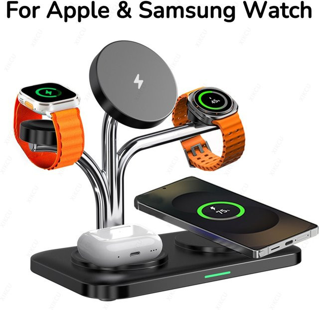 VIKEFON 5 in 1 Magnetisches kabelloses Ladegerät für iPhone 12 bis 17, Samsung Galaxy und Apple Watch sowie AirPods/Buds in Schwarz oder Weiß - Bild 1