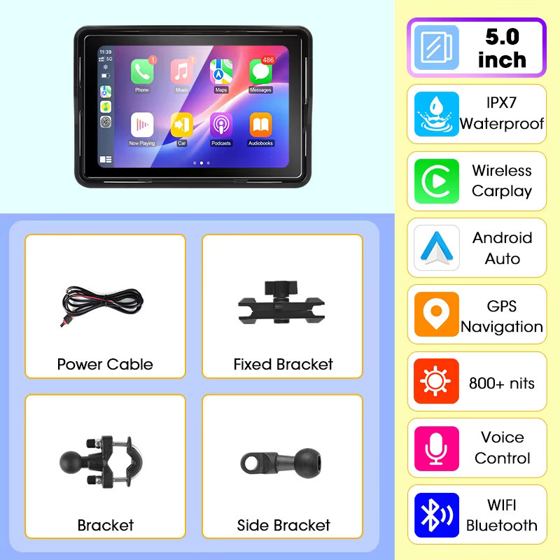 Jansite Motorrad-Navigationssystem mit Android Auto und Apple CarPlay, 5/7 Zoll tragbarer Bluetooth-Monitor, IP67 wasserdicht, Schwarz - Bild 9