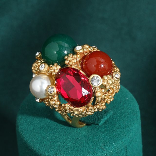 Icareu Blumenring, grüner Stein, Strass, antikgoldfarben, Damen - Bild 1