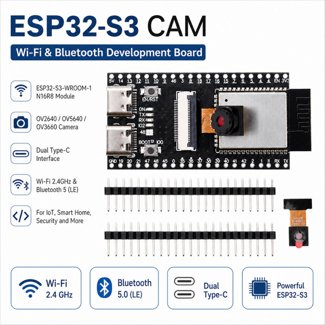 Gaqqee ESP32-S3 CAM WLAN- und Bluetooth-Entwicklungsboard mit ESP32-S3-WROOM-1 N16R8 Modul, Kamera (OV2640/OV5640/OV3660) und Dual-Typ-C-Anschluss in Schwarz - Bild 1