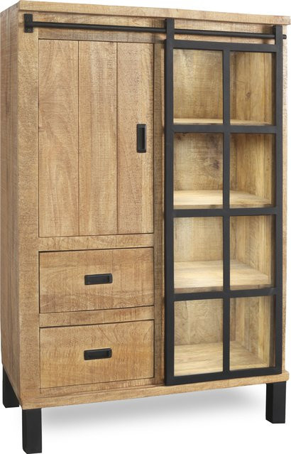 Highboard HARPER WOODLAND aus Mango-Holz in Braun und Beige mit Schiebetüren und integrierter Beleuchtung, B/T/H: 135 x 55 x 90 cm - Bild 1