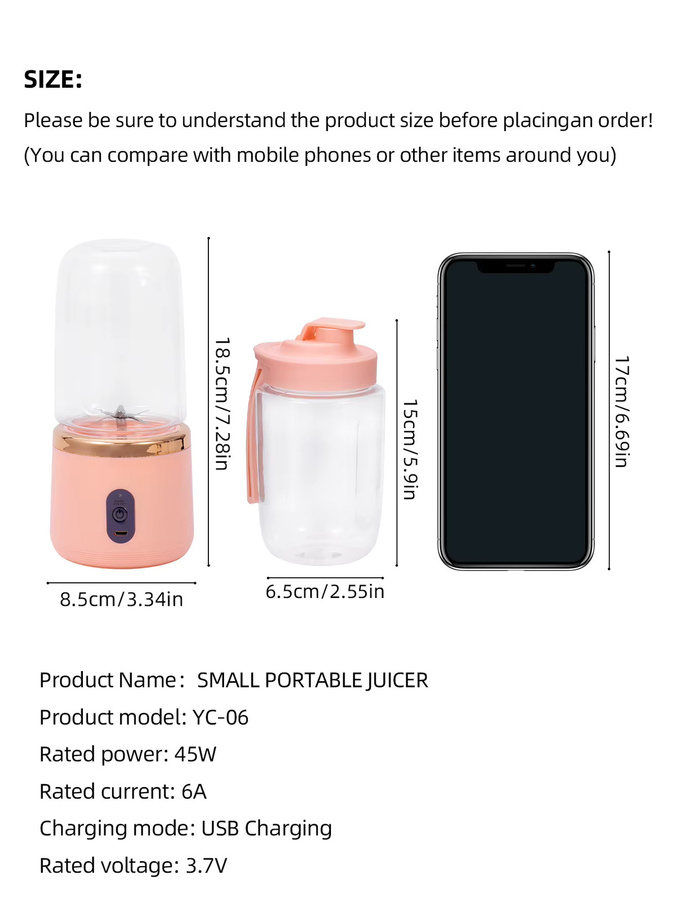 YOCITY Tragbarer USB-Elektro-Reise-Entsafter für Smoothies und Milchshakes, 400ml, Blau oder Pink - Bild 2