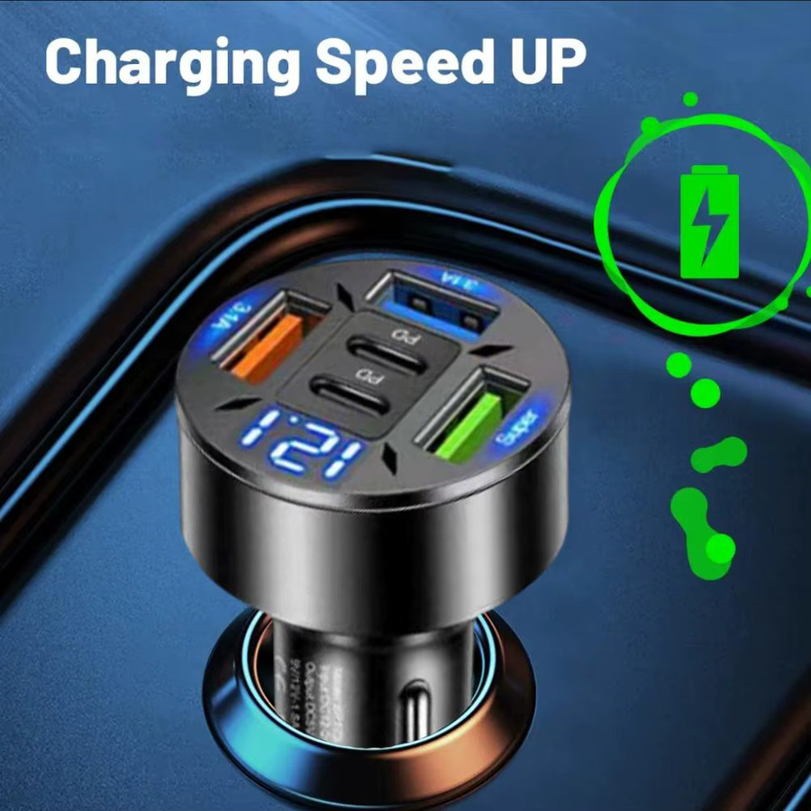 250W Auto Ladegerät mit 5 Ports inklusive 2 PD USB-C und 3 USB Anschlüssen für Schnellladung, Farbe: Schwarz - Bild 3