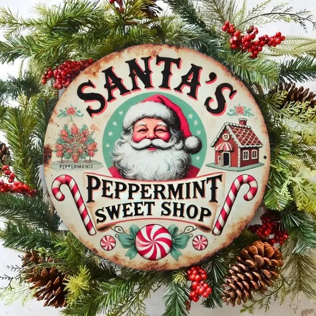 Potdemiel Vintage Santa's Mint Candy Shop Metallschild Weihnachts-Wanddekoration rund, Mehrfarbig, Durchmesser: 20 cm - Bild 1