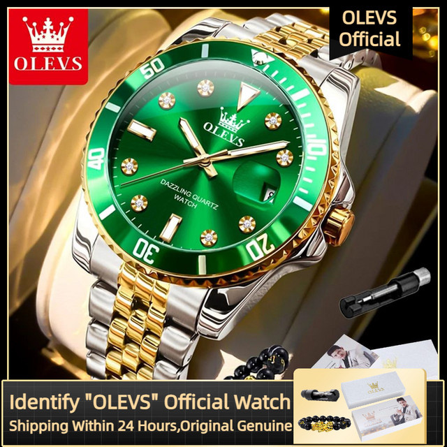 Olevs Armbanduhr Quarz, Edelstahl, Grün, Silber, Herren - Bild 1