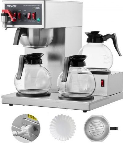 VEVOR kommerzielle Filterkaffeemaschine aus Edelstahl mit 3 Glaskaraffen und 3 Warmhalteplatten, Silber - Bild 1