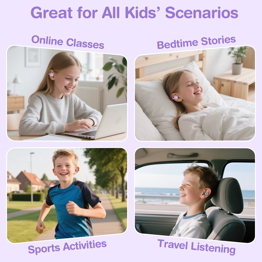 QearFun Bluetooth Ohrclip-Kopfhörer in Lila mit Cartoon-Flip-Design, kabellose HiFi-Ohrhörer mit HD-Anrufen und Smart-Touch für Kinder und Studenten - Bild 3