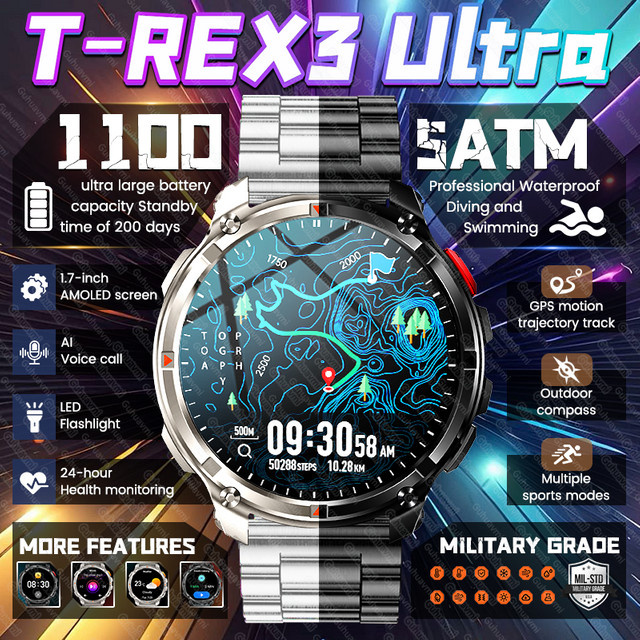 GUHUAVMI T-REX3 Ultra Smartwatch für Männer in Schwarz mit GPS, Kompass, Bluetooth-Anruffunktion und 5ATM Wasserdichtigkeit - Bild 1