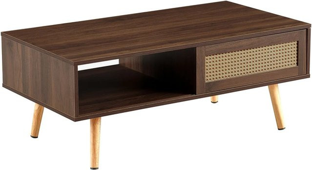 okwish Couchtisch aus Massivholz mit Rattan-Flecht und Schiebetüren in Walnuss, B/T/H: 105 x 55 x 40 cm - Bild 1