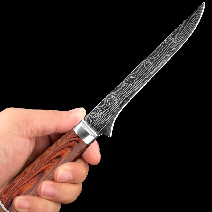 Xituo Ausbeinmesser aus Edelstahl mit Laser-Damast-Muster und Redwood-Griff in Braun, 15,24 cm - Bild 4