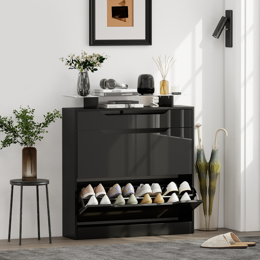 HOMCOM Schuhschrank Aosom in Schwarz mit 2 Klapptüren, 1 Ausziehschublade, Ablage und Glasplatte, B/T/H: 89 x 23 x 96 cm - Bild 2