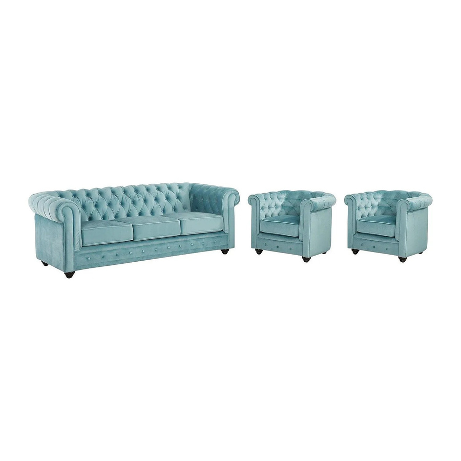 Vente-unique Chesterfield Couchgarnitur aus Samt mit 3-Sitzer-Sofa und Sessel in Hellblau, Breite: 205 cm, Tiefe: 82 cm - Bild 2