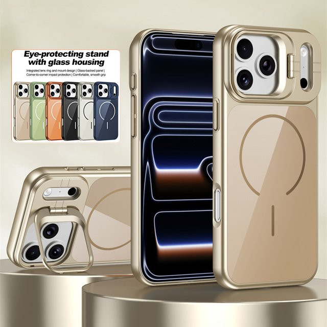 SUNWARD Magnetische Schutzhülle aus gehärtetem Glas mit MagSafe, Stoßschutz und Kameraständer für iPhone, Farben: Grün und Gold - Bild 1