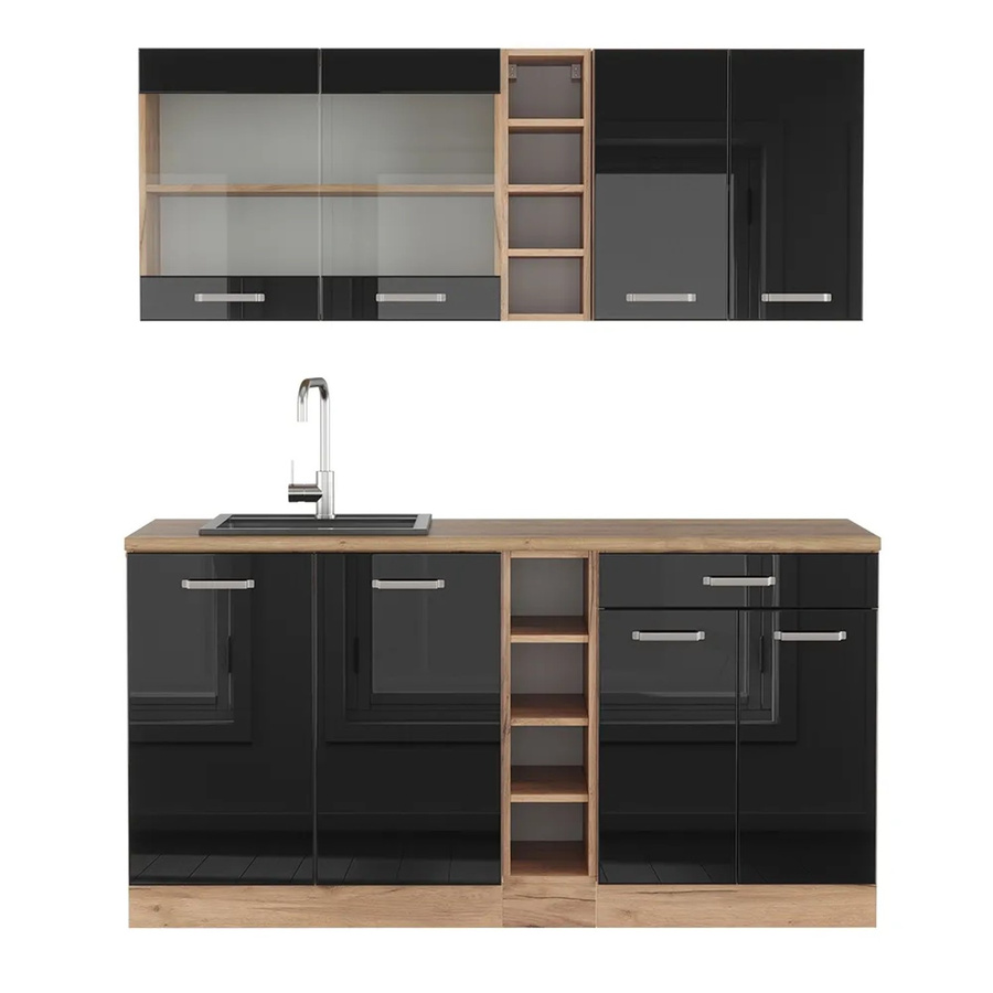 Vicco R-Line Singleküche Schwarz Hochglanz und Goldkraft Eiche, Breite: 160 cm - Bild 2