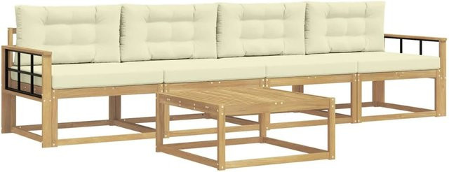 vidaXL Outdoor-Sofagarnitur L-Form aus Akazienholz mit Kissen und Couchtisch in Weiß und Beige - Bild 1