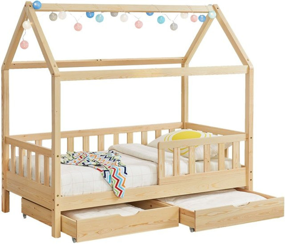 Juskys Kinderbett Marli Hausbett aus Kiefernholz mit Bettkasten und Dach in Natur, B/T/H: 90 x 200 cm - Bild 3