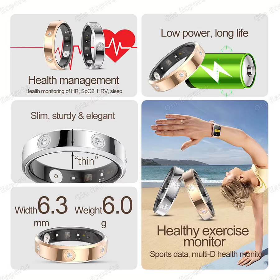 Ola Esporte Smartring für Damen mit Herzfrequenz-Monitor und Schrittzähler, IP68 wasserdicht, in Gold oder Silber - Bild 2