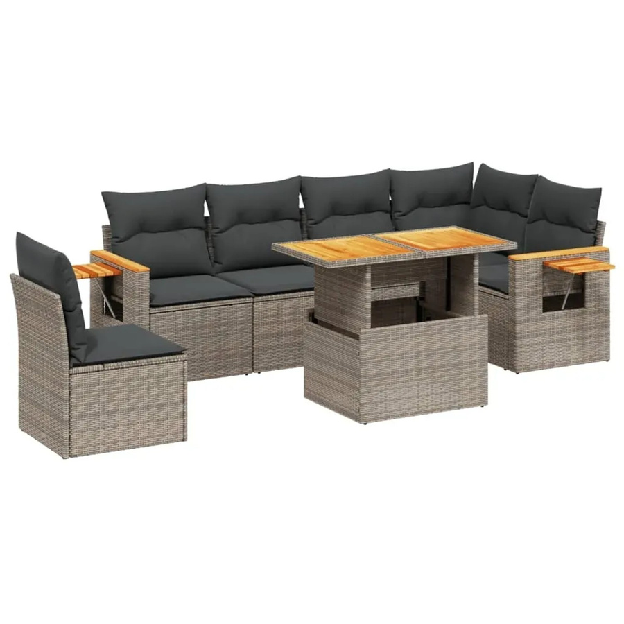 vidaXL 7-teilige Garten-Sofagarnitur in L-Form aus Poly-Rattan und Akazienholz in Grau mit Kissen - Bild 2