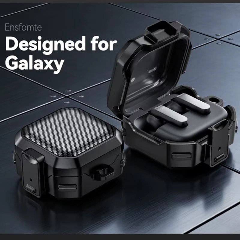 ZEKS Schutzhülle für Samsung Galaxy Buds 4 Pro in Schwarz mit Sicherheitsverschluss, Carbonfaser-Design und Schlüsselanhänger, unterstützt kabelloses Laden - Bild 2