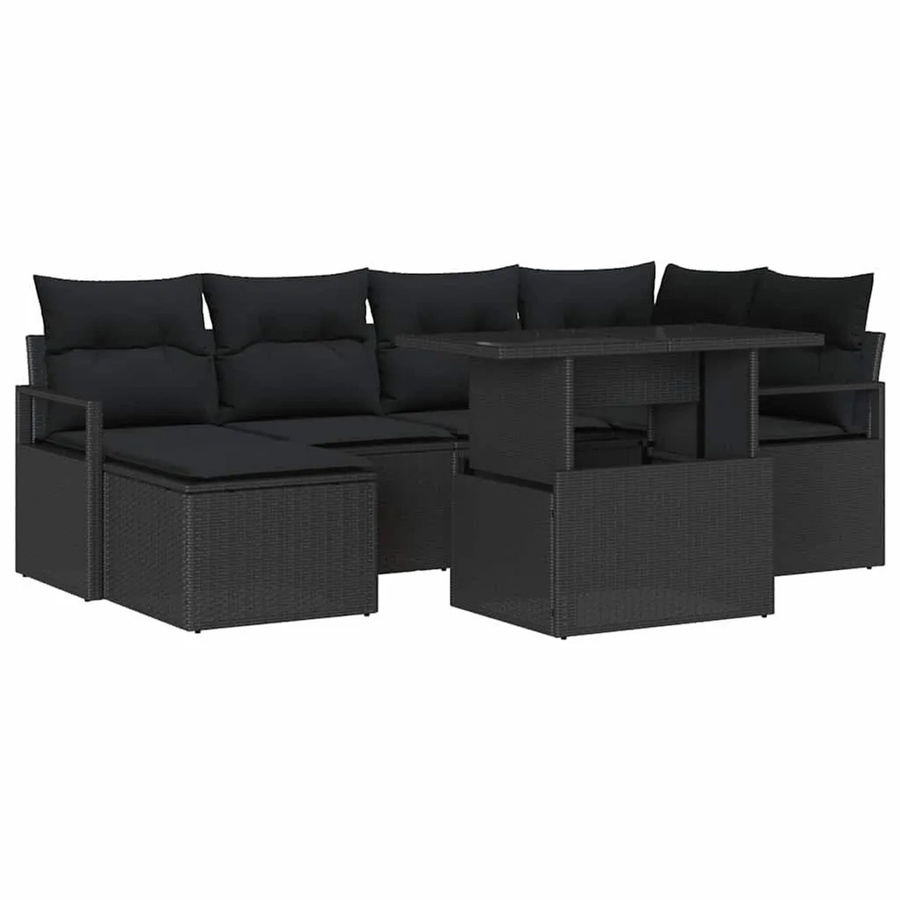 vidaXL Garten-Sofa-Set 7-teilig in Schwarz mit Kissen aus Poly-Rattan und pulverbeschichtetem Stahl - Bild 2
