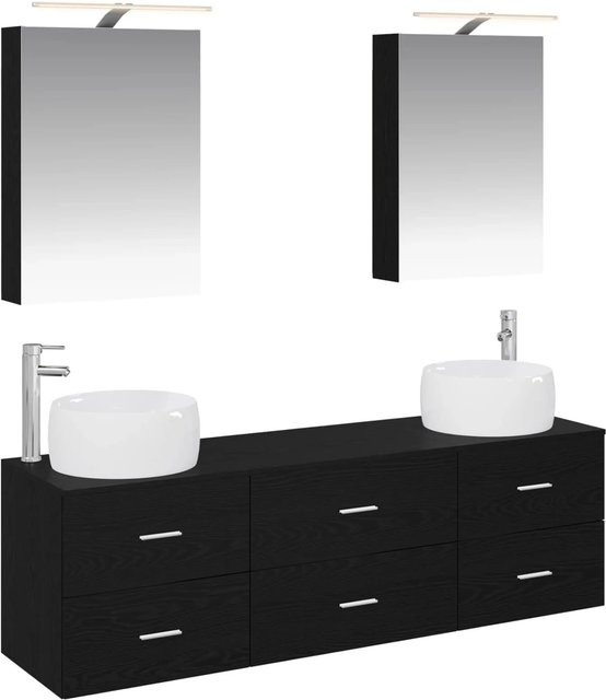 vidaXL Badezimmermöbel-Set 5-teilig in Schwarzer Eiche mit Glas, bestehend aus Waschtischunterschrank, Spiegelschrank mit LED-Beleuchtung und Wandschrank - Bild 1