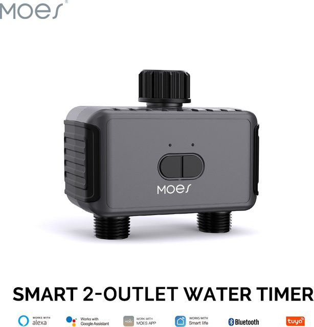 MOES Tuya Bluetooth Smart Sprinkler Ventil Controller mit 2 Ausgängen, programmierbarer Wasser Timer für Waschmaschine und Garten, Farbe: Grau - Bild 1