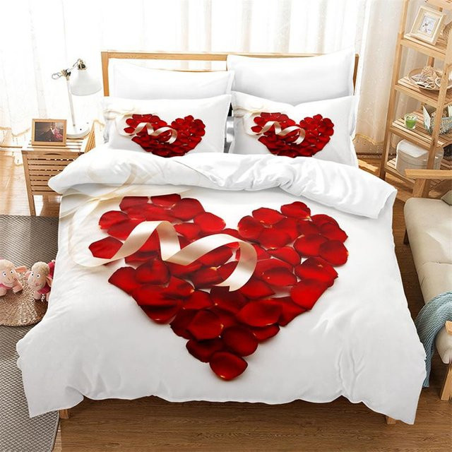 Binchi Outdoor Product Bettwäsche Set mit roter Rose und floralem 3D-Design, Material Mikrofaser, Farbe Rot/Weiß, B/H: 180 x 210 cm - Bild 1