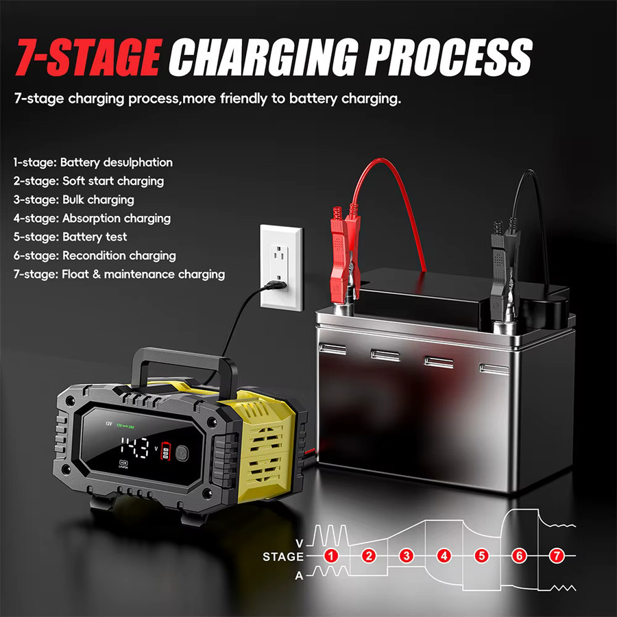 FOXSUR Smart Batterie Ladegerät 10A/5A in Schwarz für 12V 24V Auto Motorrad LKW mit automatischer Puls Reparatur für LiFePO4 AGM Blei-Säure Batterien - Bild 4