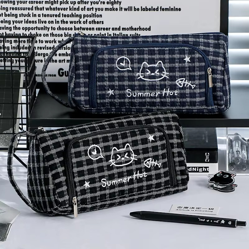 Mewo Katze Federmäppchen mit Gittermuster und Kätzchen-Design, Textil-Stiftebeutel mit Reißverschluss in Blau oder Schwarz - Bild 2