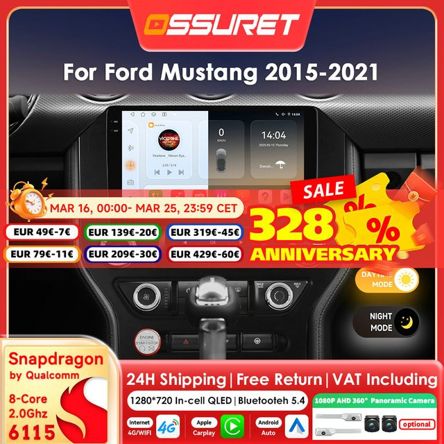 OSSURET Android 14 Autoradio für Ford Mustang 2 (2015–2021) mit Snapdragon 6115, CarPlay, GPS, Bluetooth und 360 Grad Kamera, Schwarz - Bild 1