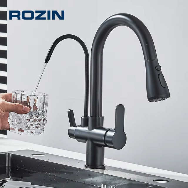 Wasserfilter-Küchenarmatur Rozin in Schwarz mit 360° drehbarer ausziehbarer Brause und 3-Wege-Mischbatterie für Heiß- und Kaltwasser - Bild 1