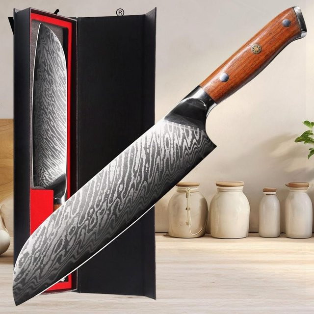 WXCOO Professionelles Santokumesser aus Damaststahl in Silber mit Holzgriff - Bild 1