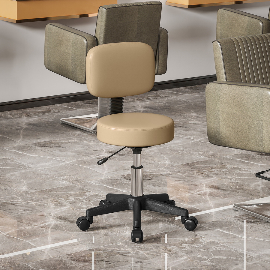 HOMCOM Rollhocker mit Rückenlehne höhenverstellbar 72-84 cm, 360 Grad drehbarer Arbeitshocker für Büro, Salon und Massage, Hellbraun/Beige - Bild 2