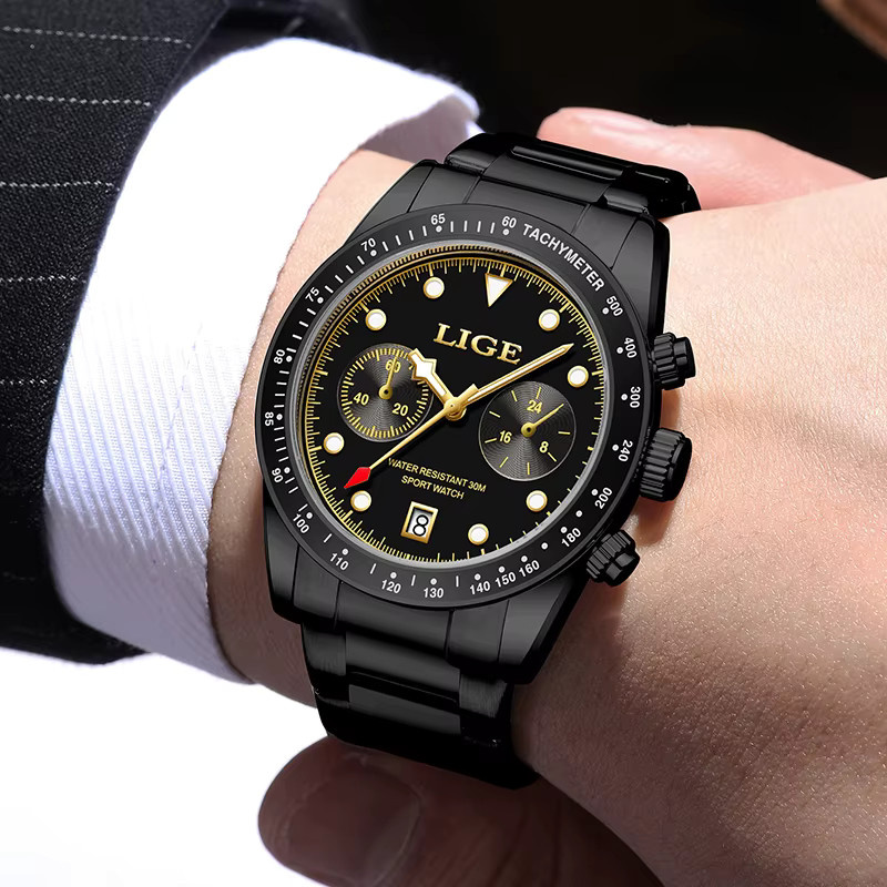 LIGE Armbanduhr Chronograph, Quarz, Edelstahl, Schwarz, Herren - Bild 4