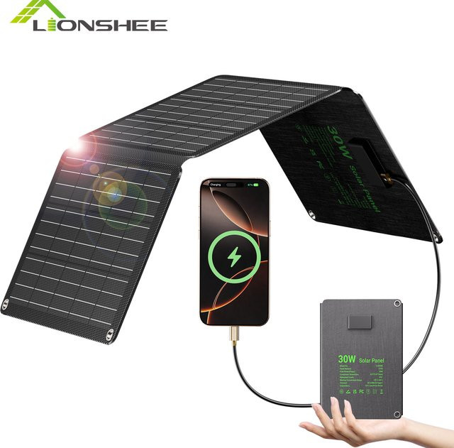 LIONSHEE Tragbares Solarpanel 30W Faltbares Solarladegerät mit IP67 Wasserschutz in Schwarz für Smartphones, Tablets und Powerstations - Bild 1